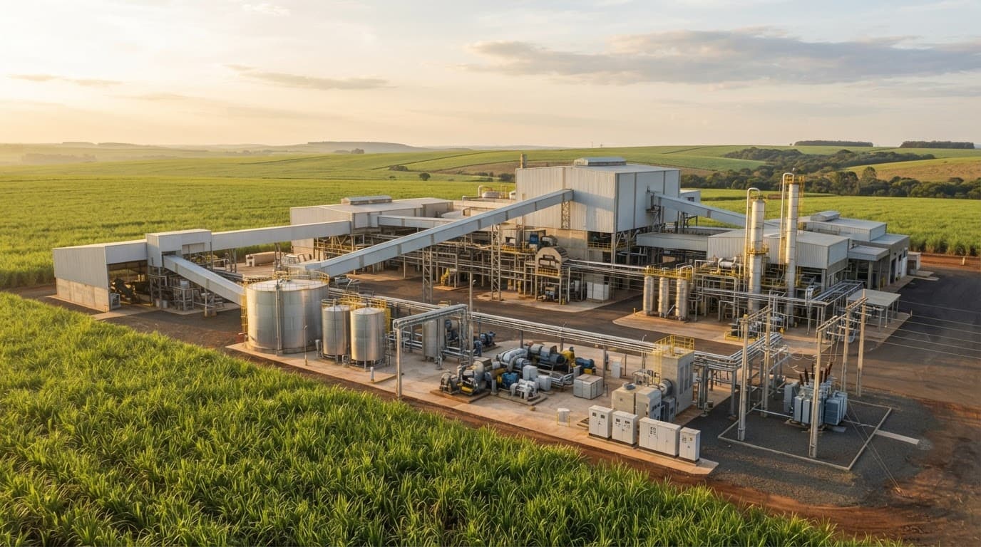Sugarcane fields lead to a modern mill at sunrise.