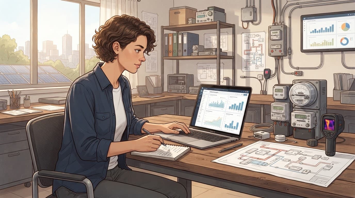 An energy analyst reviews a laptop beside meters and HVAC plans in a bright office.