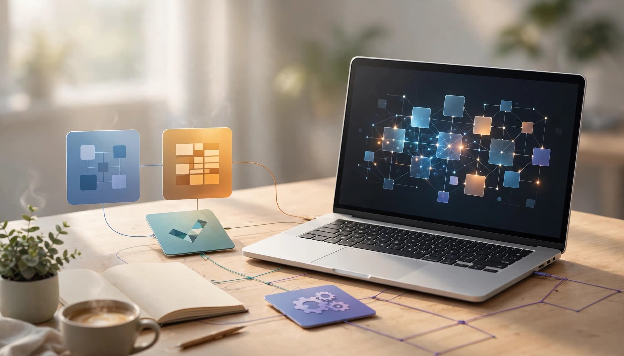 Laptop showing connected business automation tools beside a notebook and coffee on a bright desk.