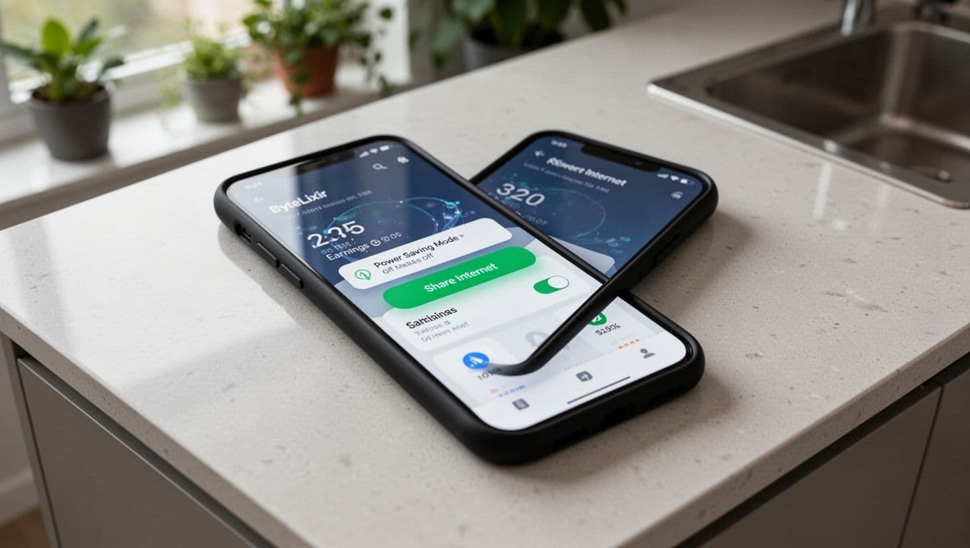 A detailed photorealistic image of a single Android smartphone on a modern kitchen counter, displaying the ByteLixir app interface with the Share Internet button enabled in green and a power saving mode off notification. Viewed from above at a slight angle with natural daylight, sharp focus on screen elements, and soft blurred background with plants.