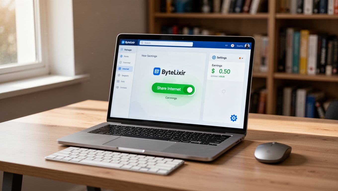 A photorealistic image of a Windows laptop on a wooden desk in a home office, displaying the ByteLixir app dashboard with the green 'Share Internet' button toggled on and a small earnings balance of $0.50. Soft natural light illuminates the scene, with a keyboard and mouse beside the laptop and blurred bookshelves in the background.
