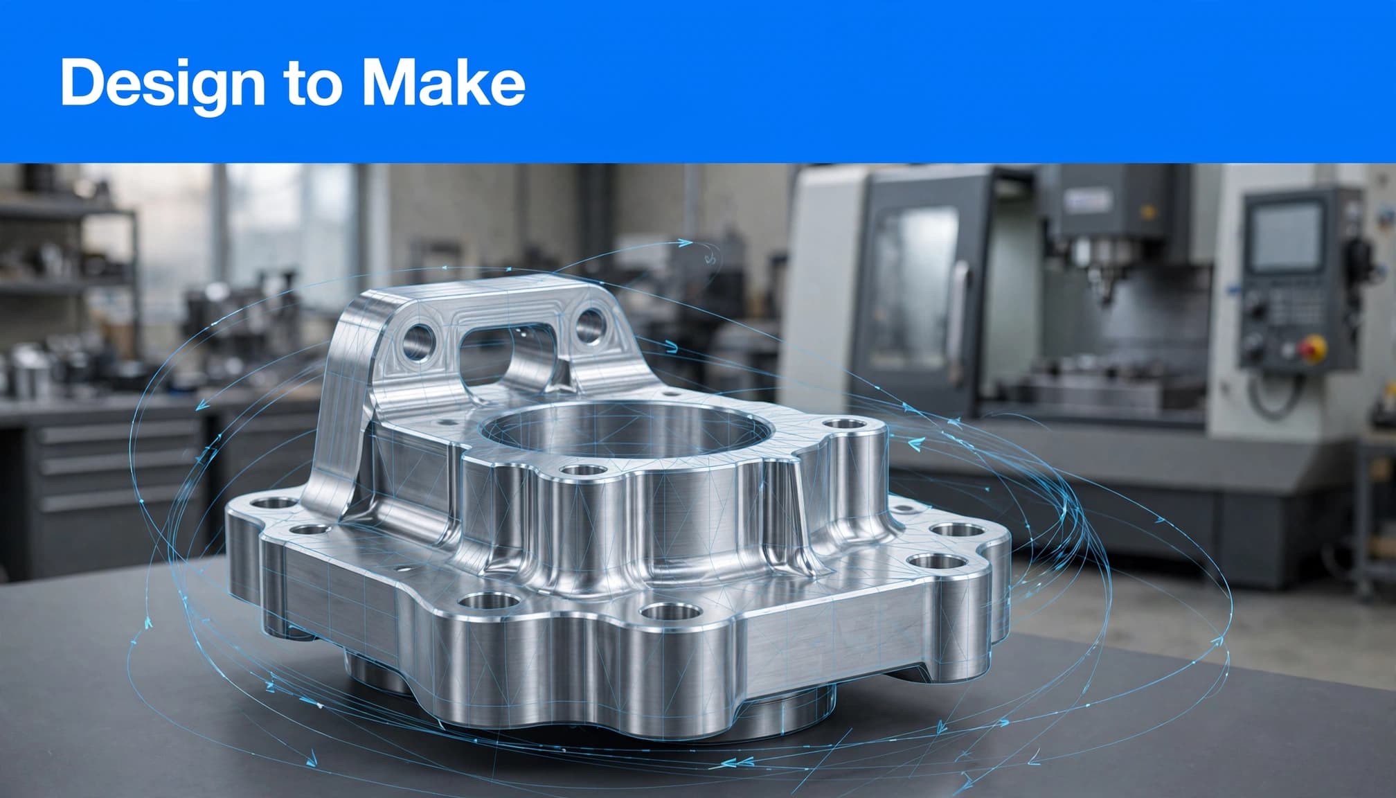 A polished aluminum component with digital planning cues in front of a CNC machine.