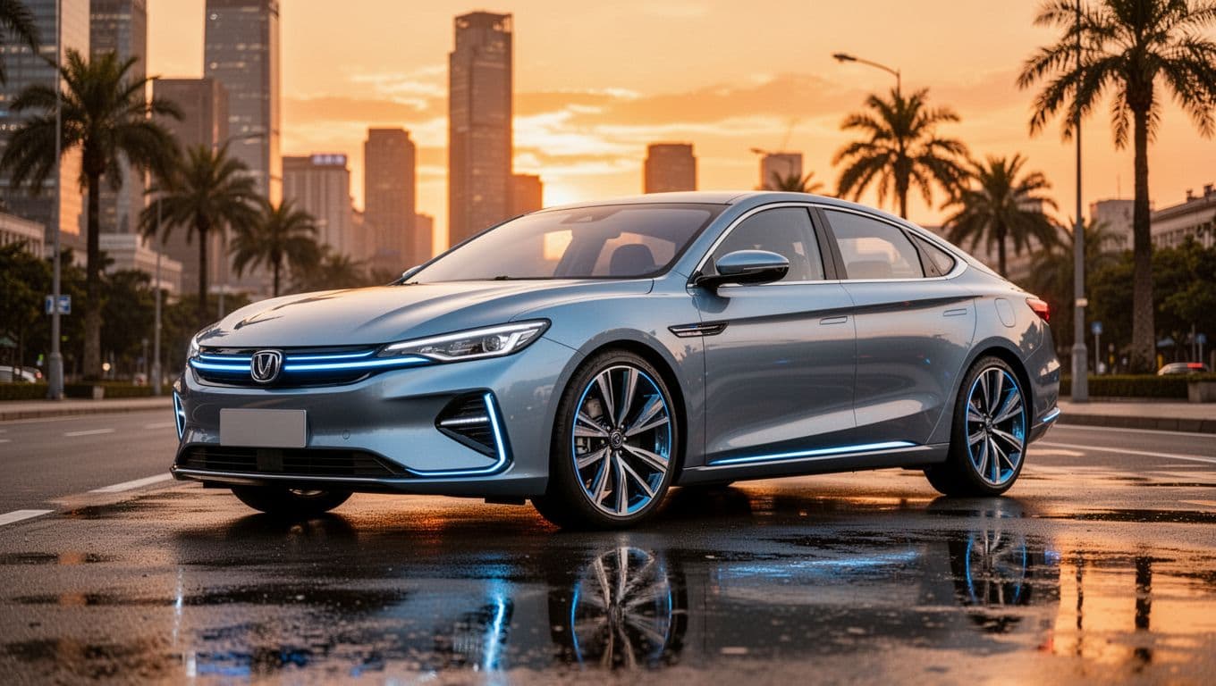 Realistic landscape photograph of a modern electric sedan similar to the Changan Nevo A06, parked on a clean urban street during golden hour sunset, featuring aerodynamic design, blue accent lighting, large alloy rims, and wet pavement reflections with blurred city skyscrapers in the background.