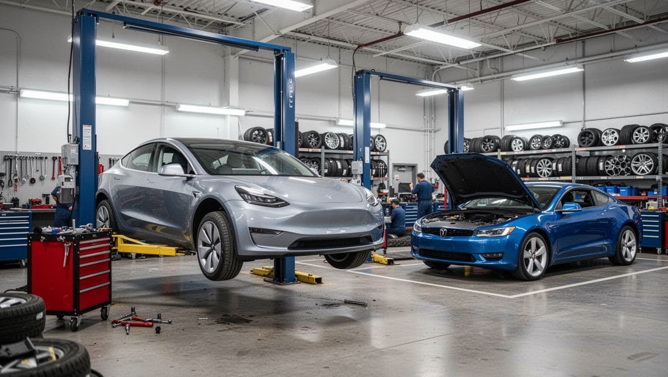 Realistic landscape image of a spotless auto repair shop interior showing a silver electric sedan elevated on a lift for tire inspection with tools nearby, and an adjacent bay with a blue gasoline coupe hood open exposing the engine, organized parts shelves in the background under bright lights, modern industrial style, high detail, no people, text, or logos.