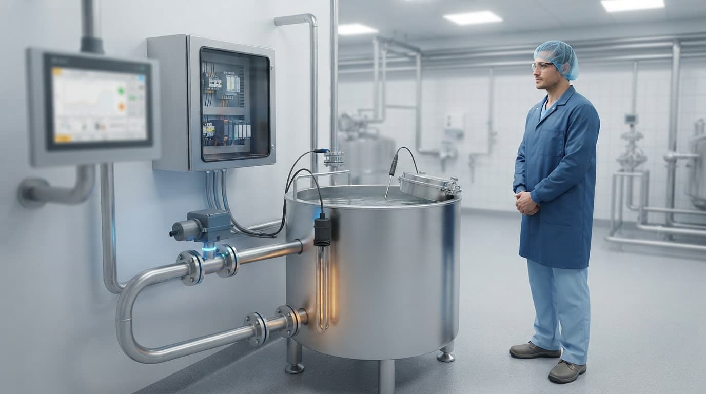 A worker observes a stainless steel tank with temperature controls in a clean plant.