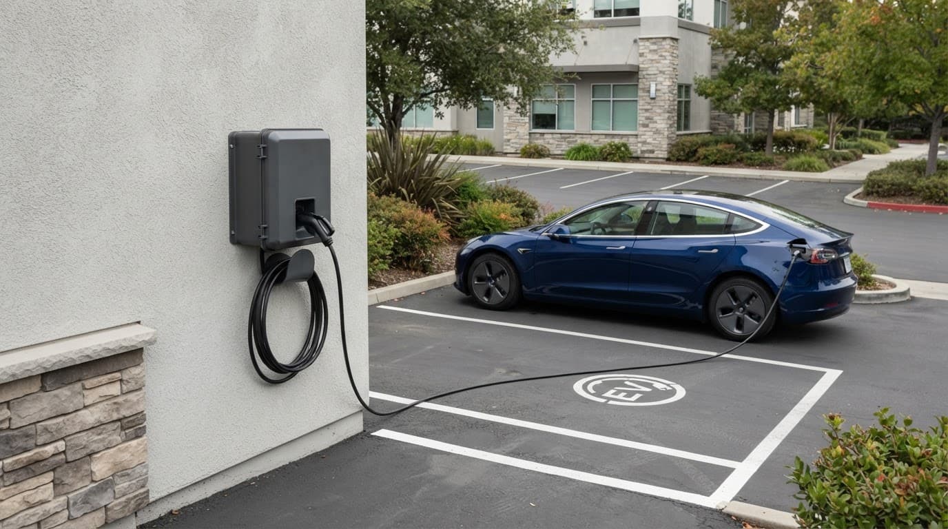 A wall-mounted EV charger beside a parked electric vehicle.