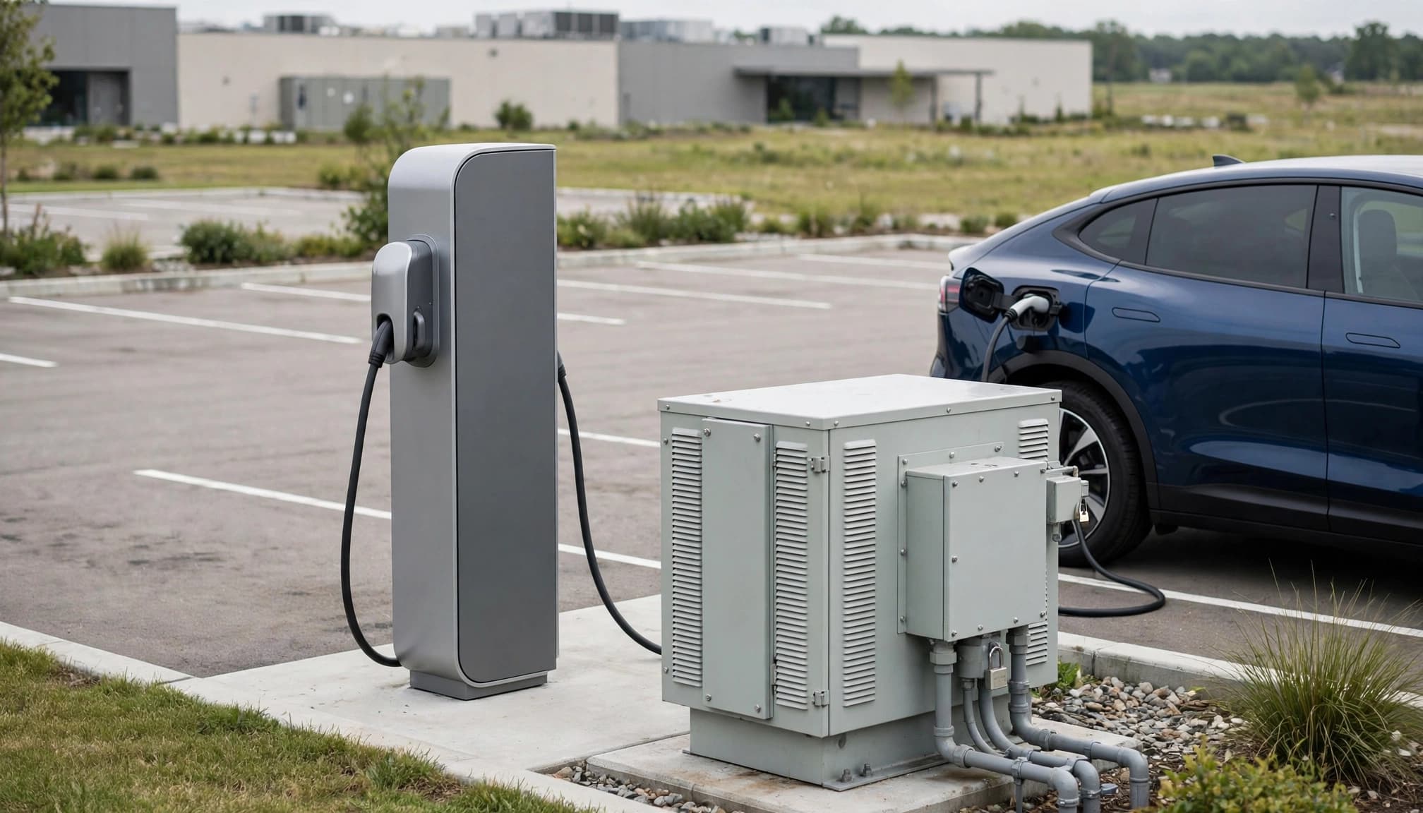 An electric vehicle charges beside a parking lot and utility transformer cabinet.