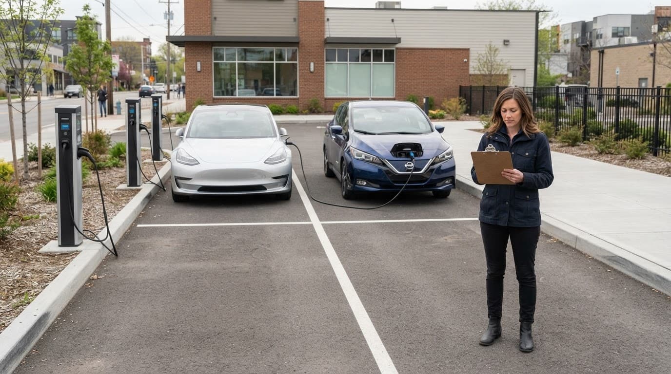 Two electric cars sit beside four chargers while one person checks a clipboard.