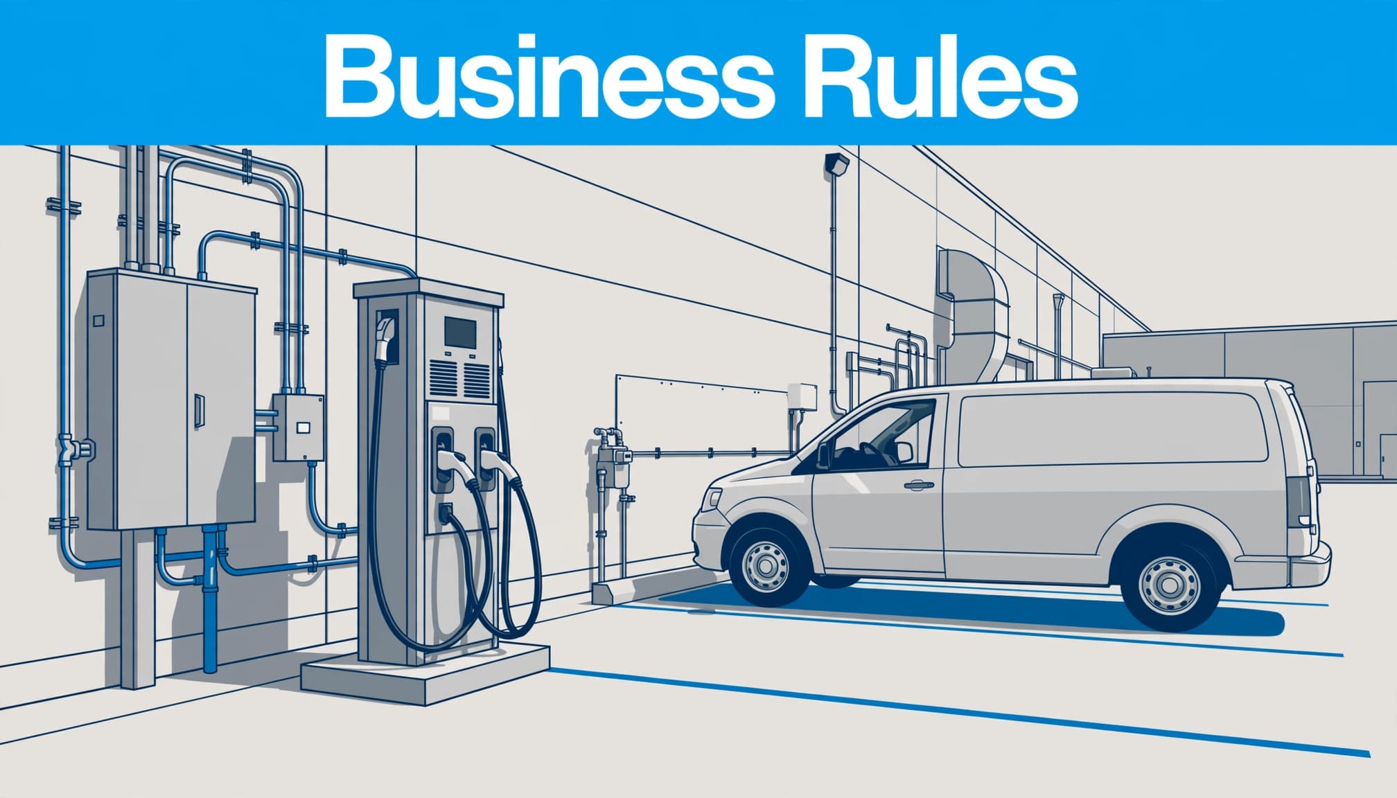 A fleet van beside a two-port charger and electrical cabinet.