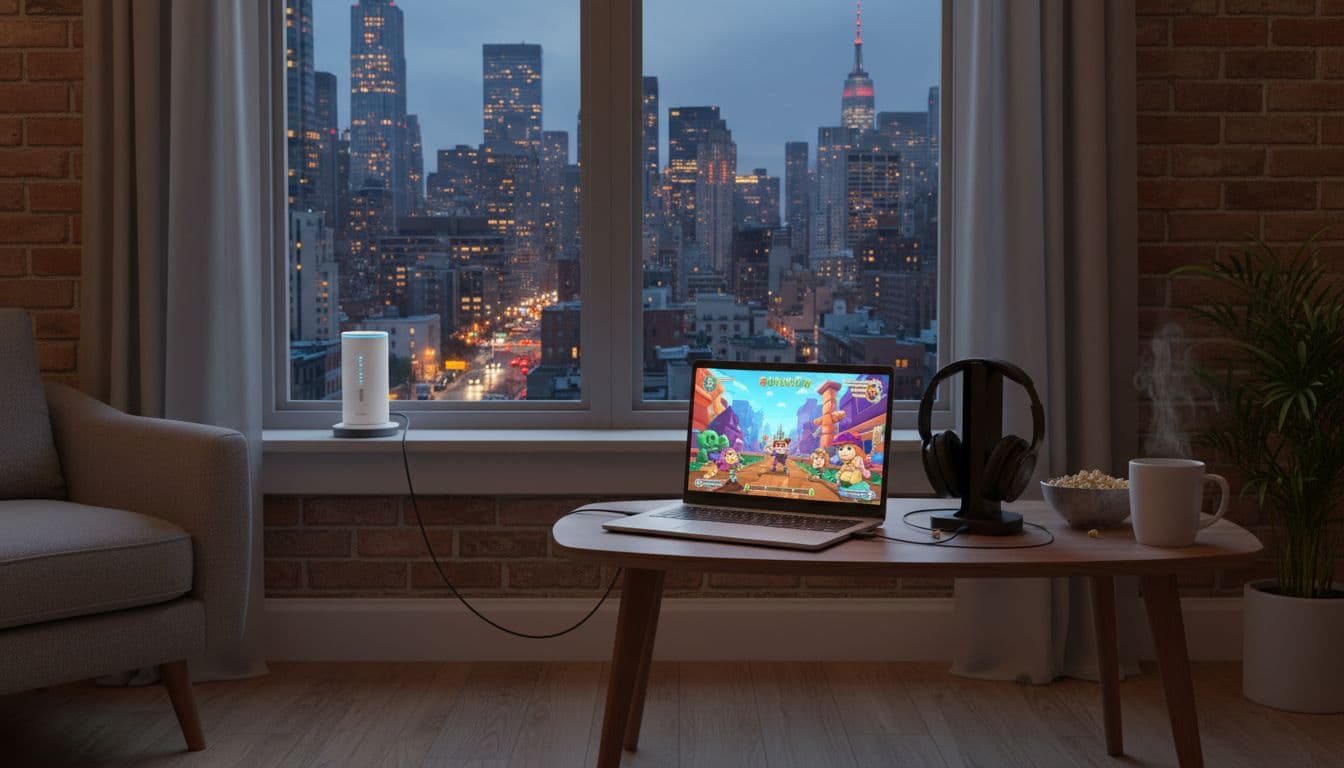 A compact NYC apartment shows a fixed wireless antenna on the window sill receiving signal from a distant tower, connected to a router and laptop for casual gaming and streaming under evening city lights.