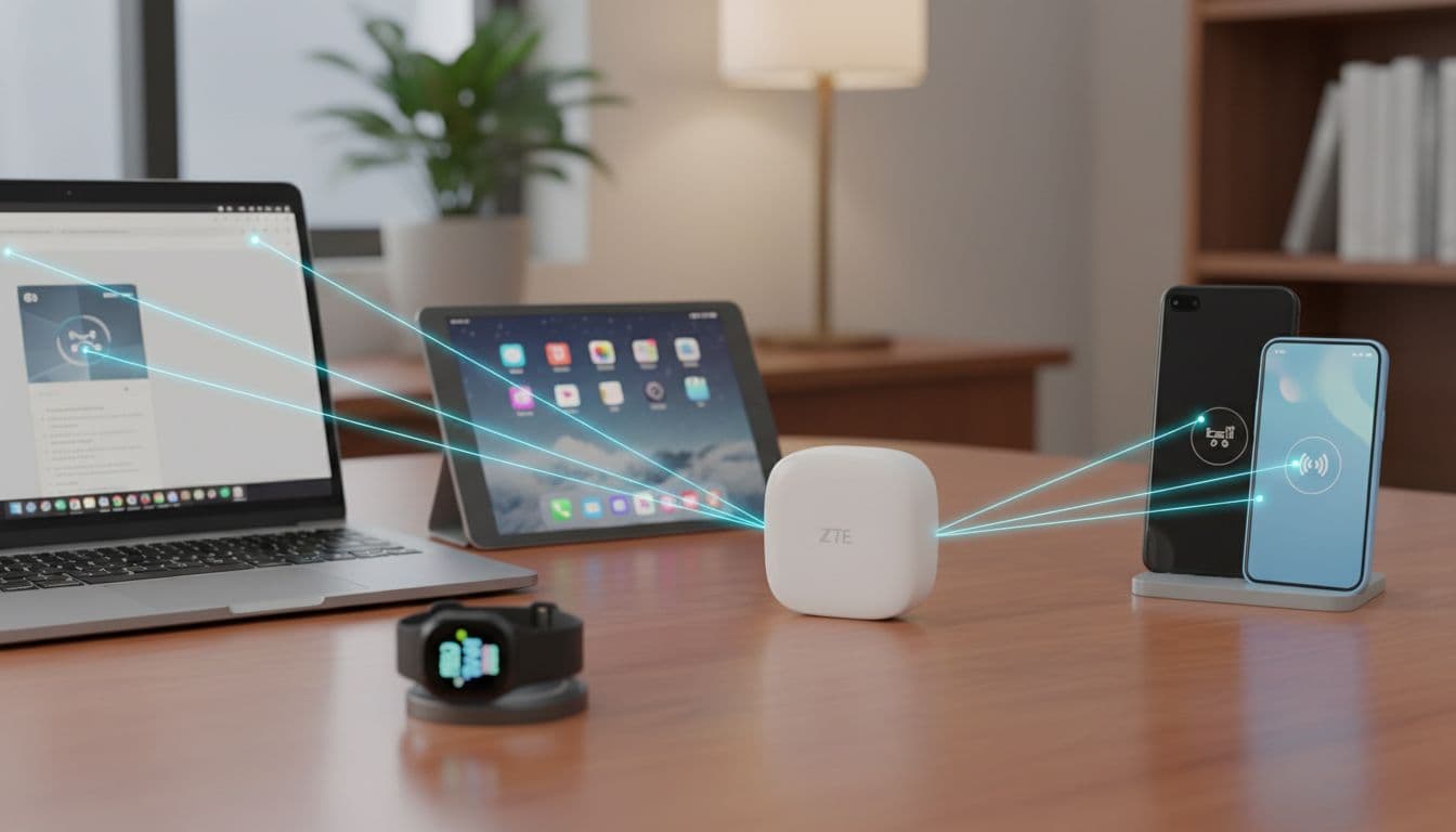 Compact ZTE F50 Pro 5G hotspot on a desk surrounded by connected laptop, tablet, two smartphones, and smartwatch, highlighting its tiny size and multi-device WiFi 6 capability in warm office lighting.