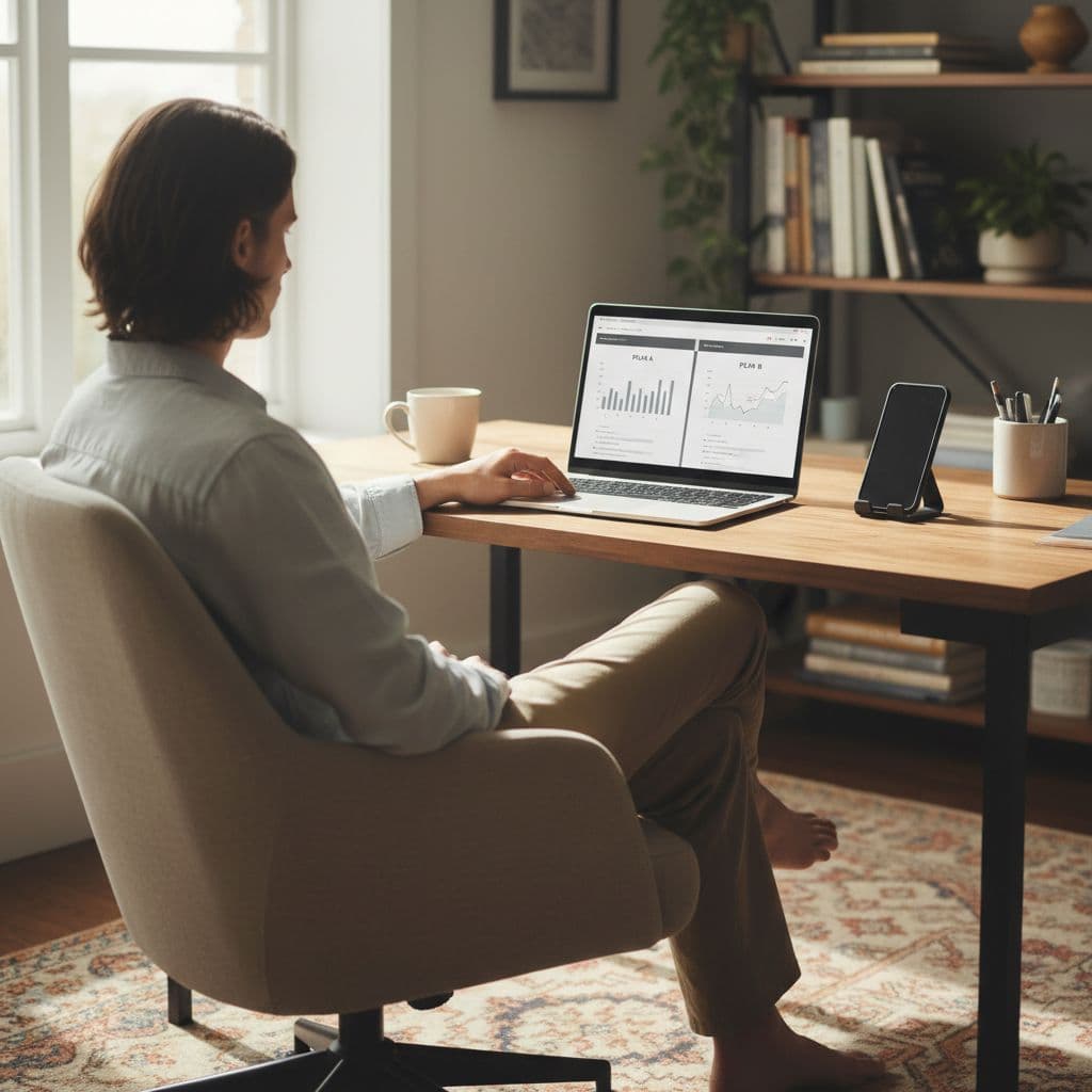 A relaxed person sits at a cozy home office desk, comparing phone plans on a laptop screen with a phone nearby, illuminated by soft natural light from a window.