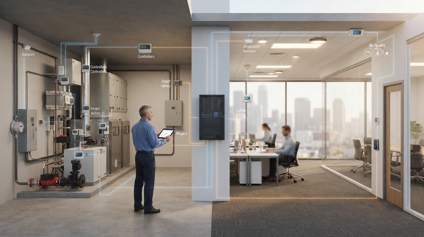 Cutaway office showing connected HVAC, lighting, energy, access, and air-quality systems with a facility manager.