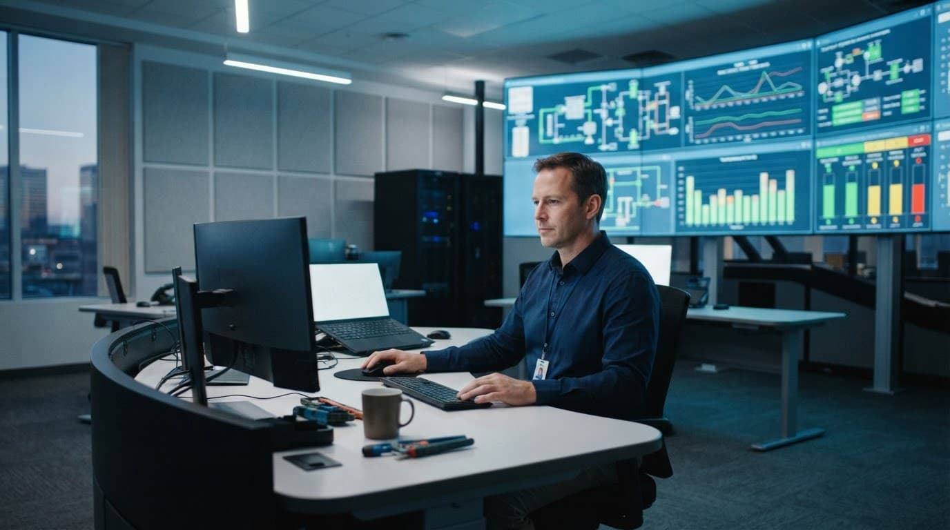 Engineer reviewing HVAC performance on screens in a modern control room.