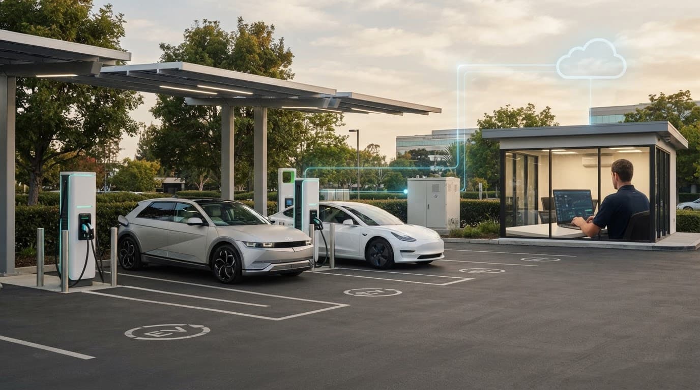 Two electric cars charge outside a glass operations room.