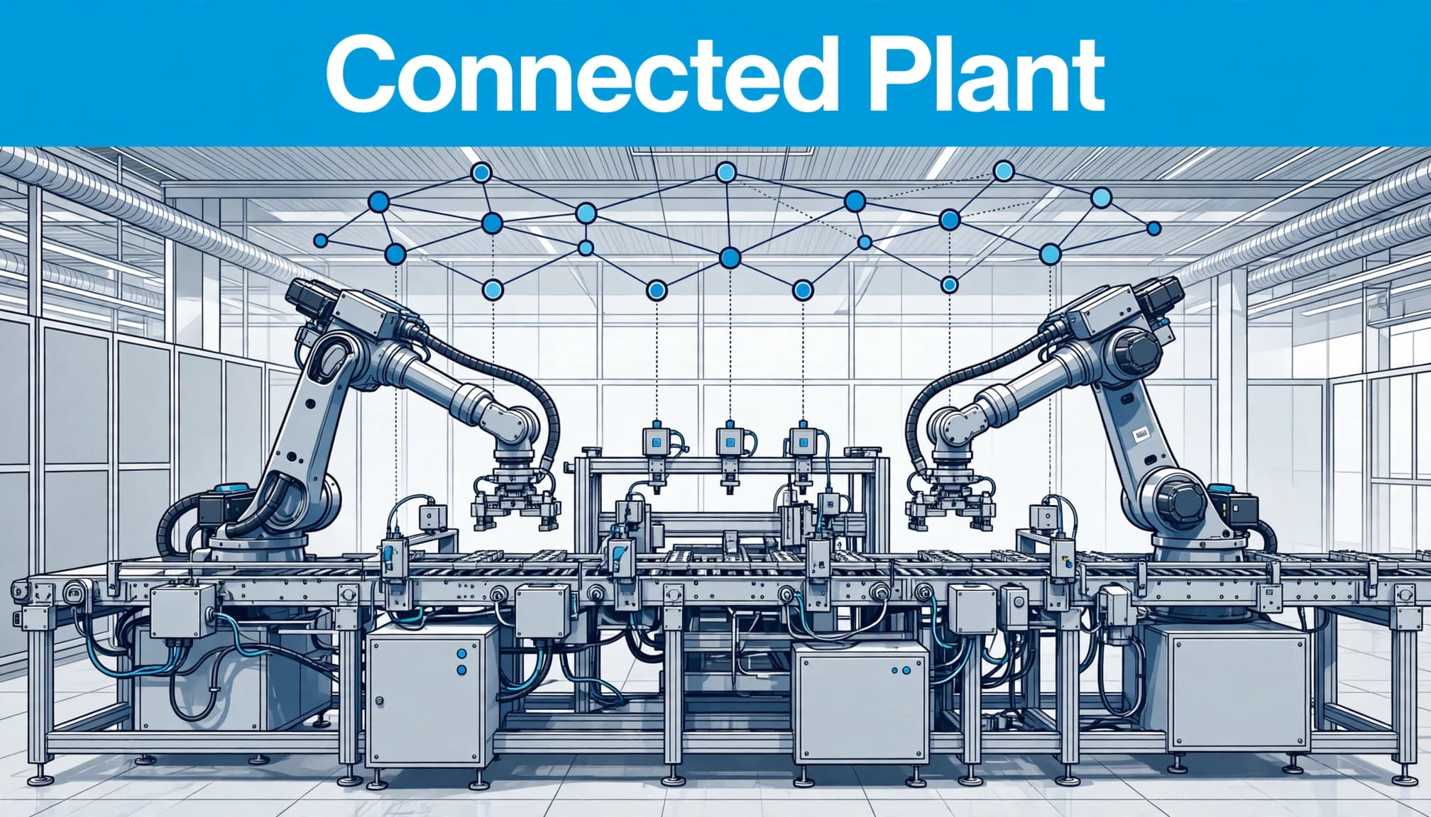 Robotic arms and sensors operate beside conveyors in a bright modern factory.