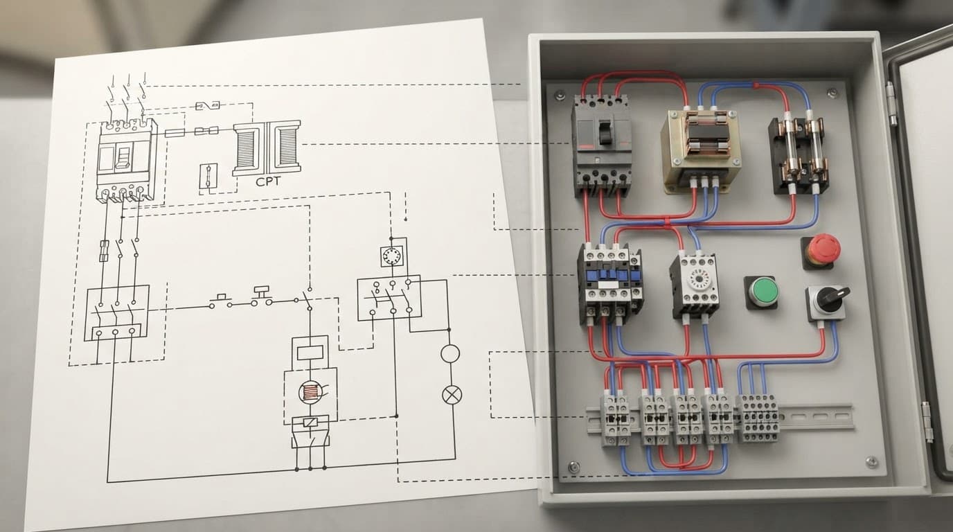 Paper circuit diagram beside a contactor, relay, fuses, switches, and control cabinet.