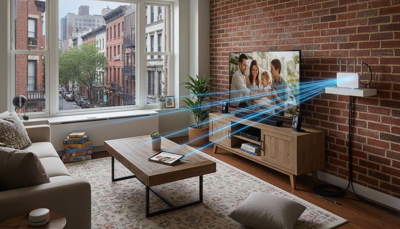 A photorealistic cozy New York City living room with a neatly organized cable modem and router on a shelf, connected streaming devices, and a TV playing for family entertainment, illuminated by soft natural light from a street-view window.