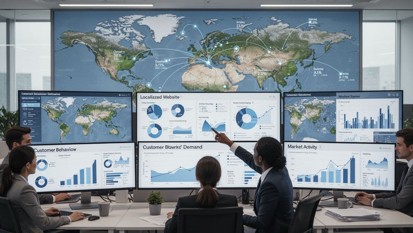 Realistic digital art depicting business professionals in a modern office analyzing data on large screens with global maps, customer behavior charts, demand trends, and market activity. One analyst in the foreground points to a screen showing localized website views, backed by a world map with data connections.