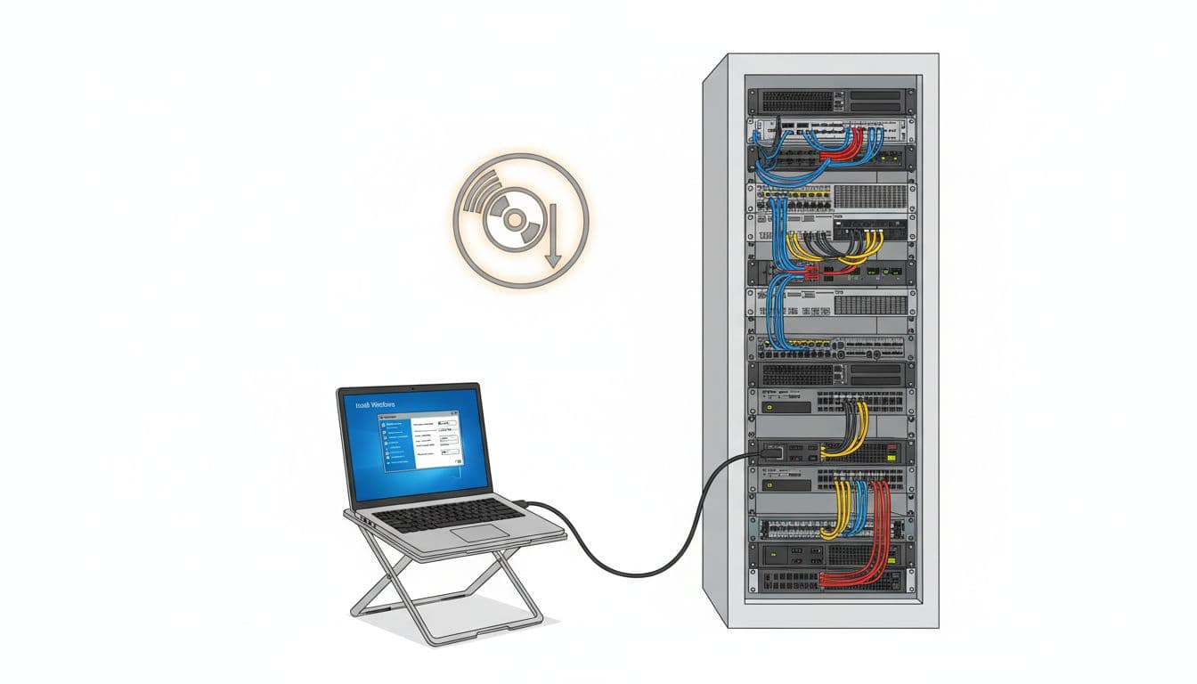 Server rack in a data center with a mounted ISO disc icon nearby, and a laptop screen displaying an open Windows installer window at an angle, connected by cables in a clean professional setup.
