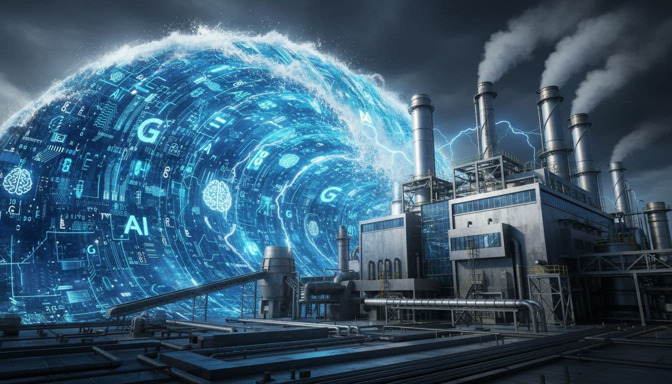 Massive wave of glowing blue circuits and icons crashes toward modern steel factory with smokestacks and machinery.