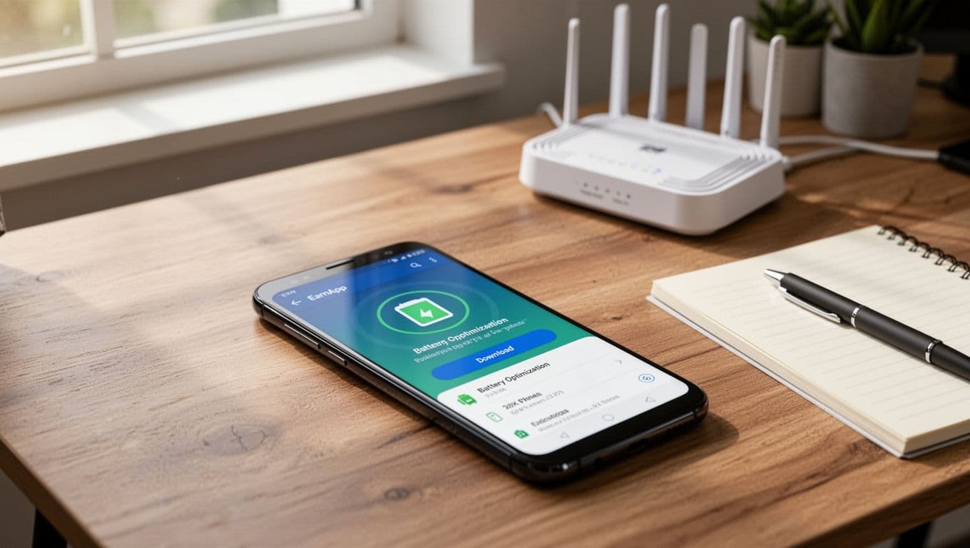Photorealistic landscape of an Android smartphone on a wooden desk in a home office, screen showing EarnApp APK download or installation progress from browser, with nearby Wi-Fi router and battery settings visible, soft natural daylight.