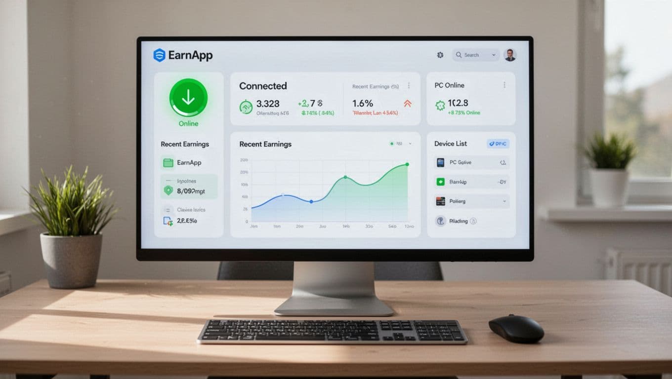 Photorealistic landscape image of a computer dashboard screen displaying EarnApp status as connected and earning with a green online indicator, recent earnings stats, and a device list showing one PC online, set on a simple home office desk with keyboard and mouse under natural daylight.