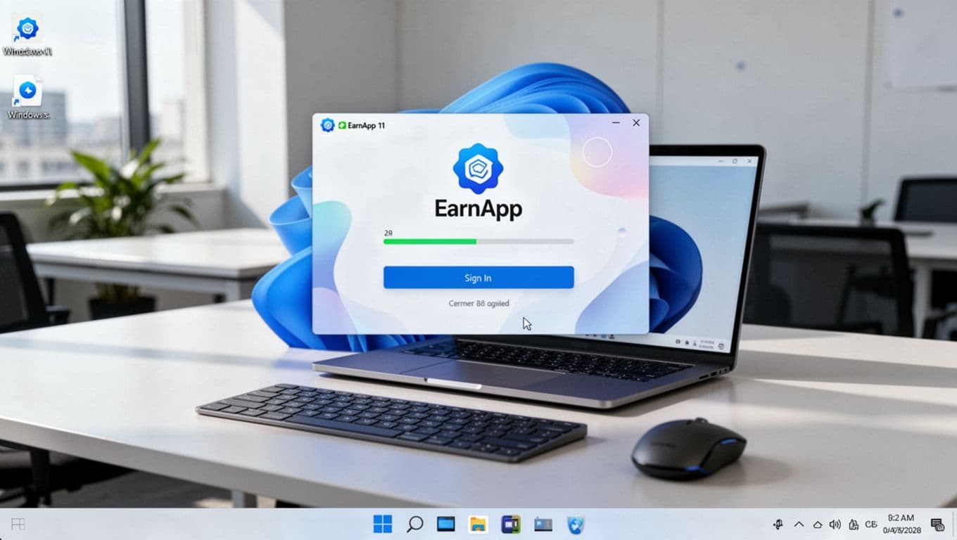 Photorealistic image of a Windows 11 desktop screen displaying the EarnApp installer during setup with a progress bar and sign-in prompt, system tray icon, and a modern office desk background featuring keyboard and mouse under natural daylight.