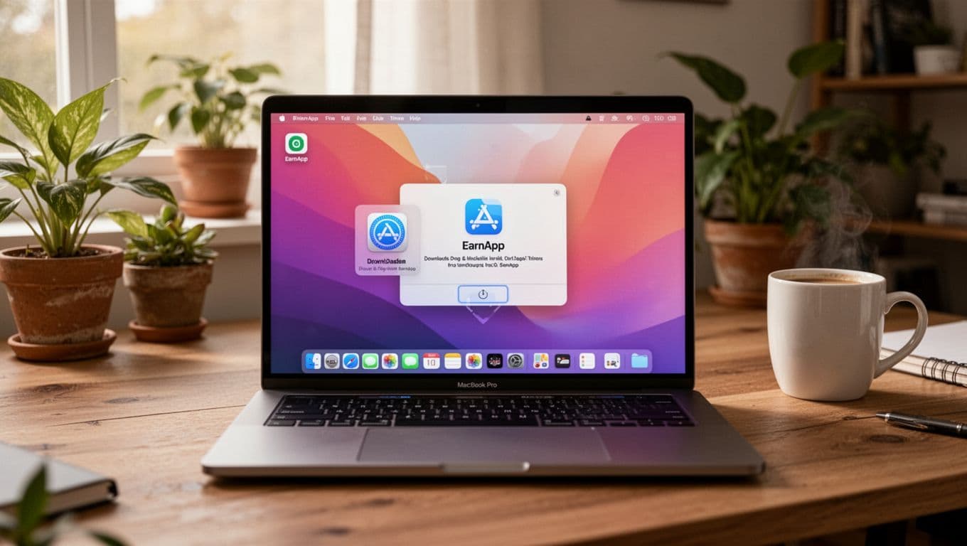 Realistic scene of a MacBook Pro on a wooden desk in a cozy home office, showing the drag-and-drop installation of EarnApp from Downloads to Applications on macOS Sonoma, with a security prompt partially visible.