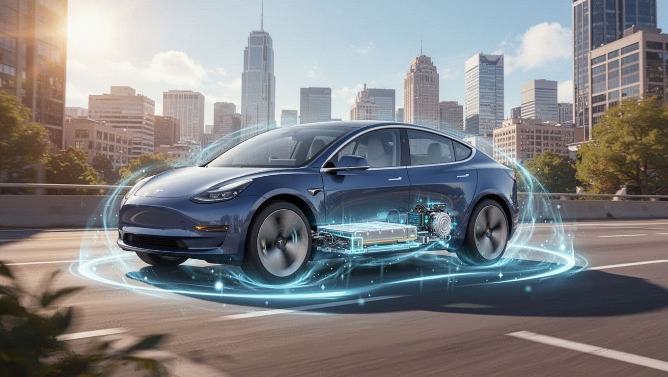 Electric car driving on a sunny urban road with a subtle glowing blue protective shield aura around the underbody, highlighting battery and electronics. Vibrant illustrative style features dynamic motion blur on wheels against a city skyline background, evoking a secure and modern mood.