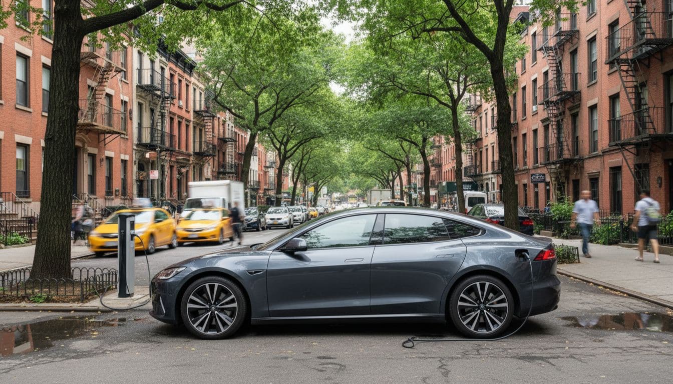 A sleek electric car is parked along a quiet New York City curb shaded by lush green trees. Brick apartment buildings rise in the background under the bright midday sunlight.