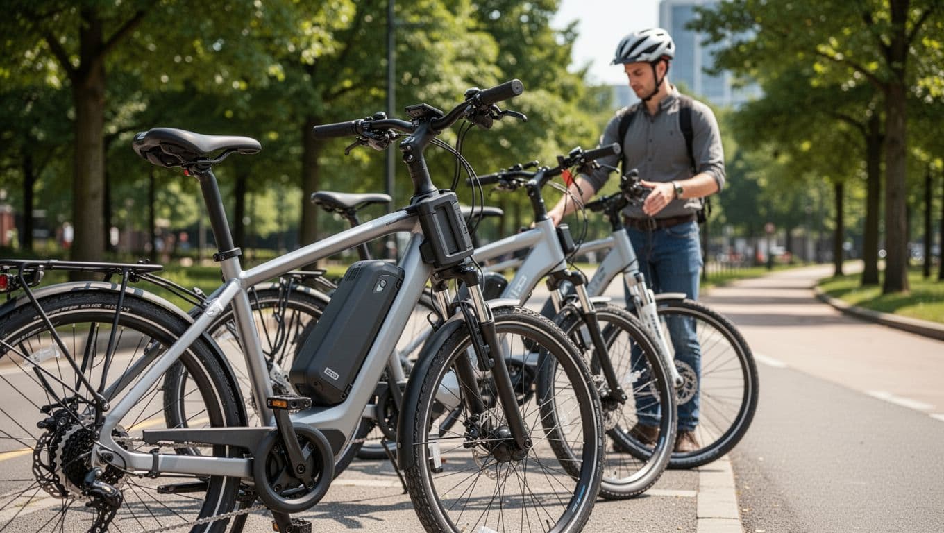 Three modern electric commuter bikes parked side by side on a sunny urban street, with foreground focus on a secure battery pack and one helmeted rider gently touching the frame.