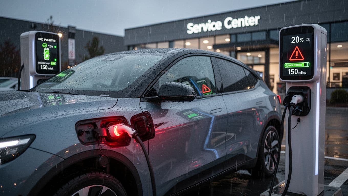 Landscape image of a modern electric SUV at a DC fast charging station during a rainy evening, with red flashing charge port light indicating failure and dashboard showing 20% battery with warning.