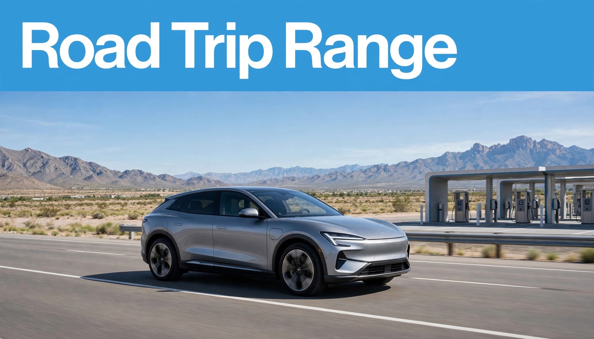 A premium electric SUV drives past fast chargers on a sunny mountain highway.