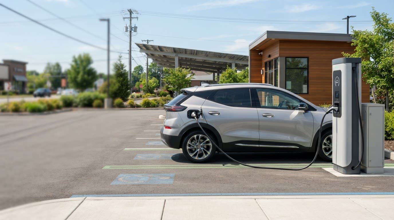 An electric vehicle plugged into a charger beside a small commercial building.