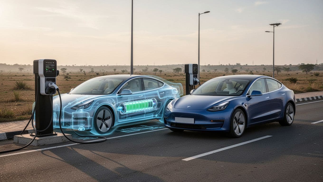 An electric car charges beside a compact EV at a roadside station.