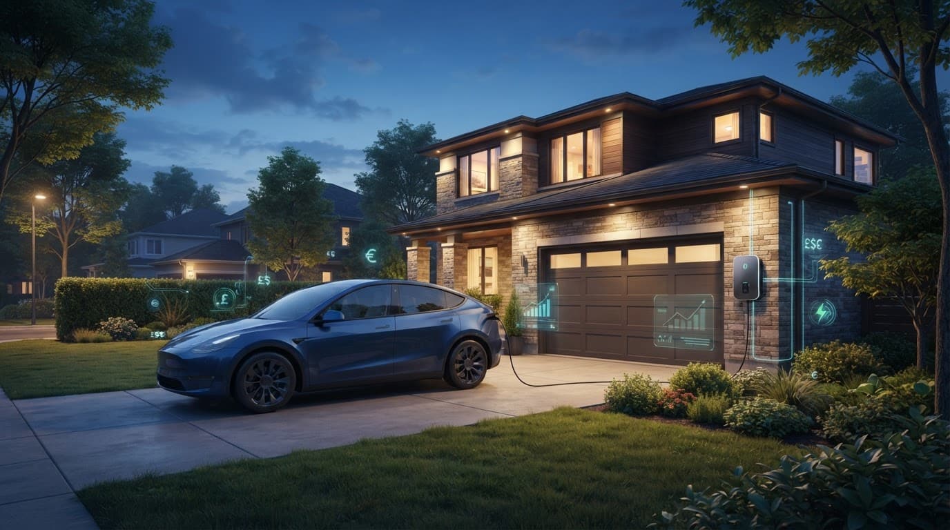 An electric vehicle charges beside a suburban home at dusk with abstract energy overlays.