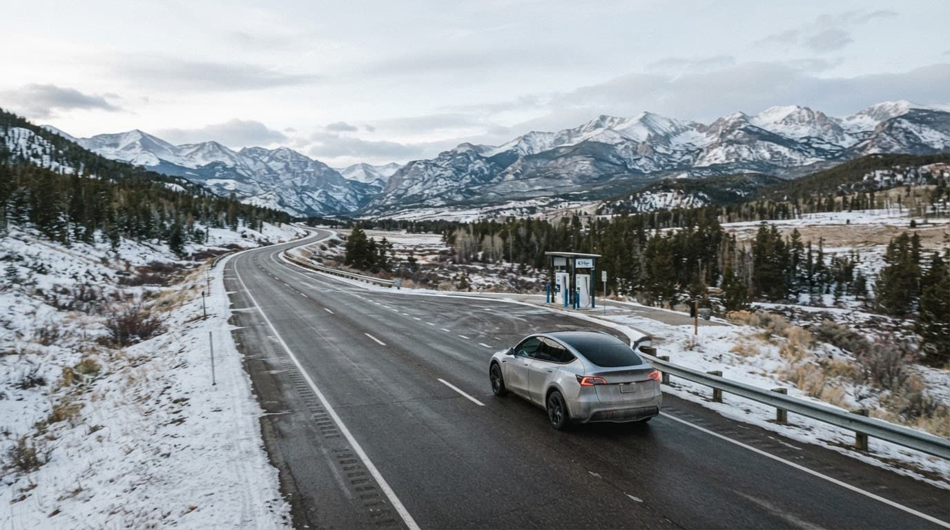 An electric vehicle drives toward mountains with a charging station in the distance.