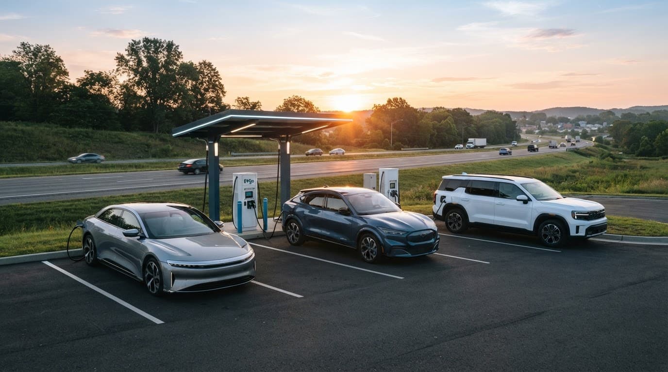 Three electric vehicles parked at a fast-charging station beside a highway at sunrise.