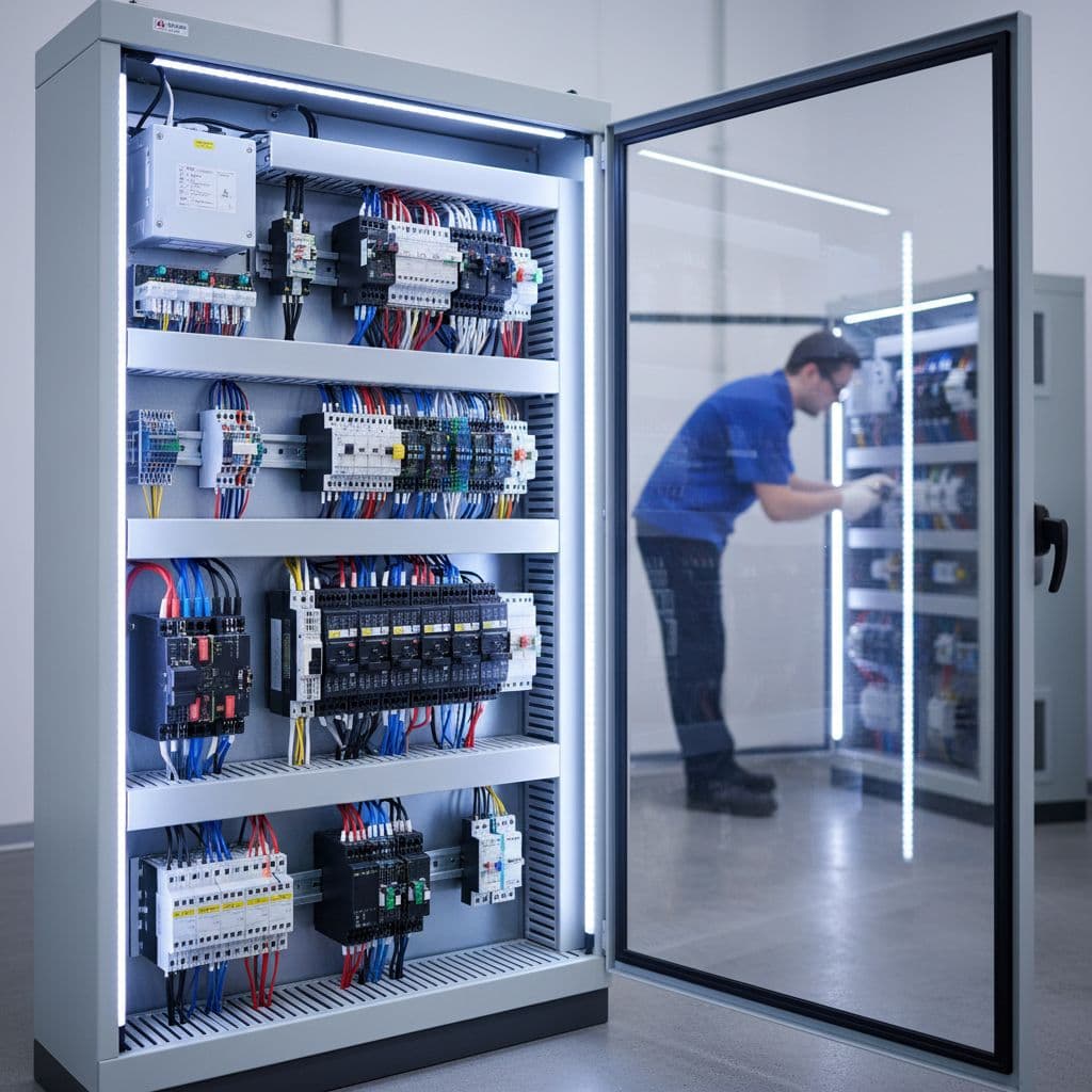 A technician inspects a detailed electrical control panel featuring organized wiring and modular hardware components.