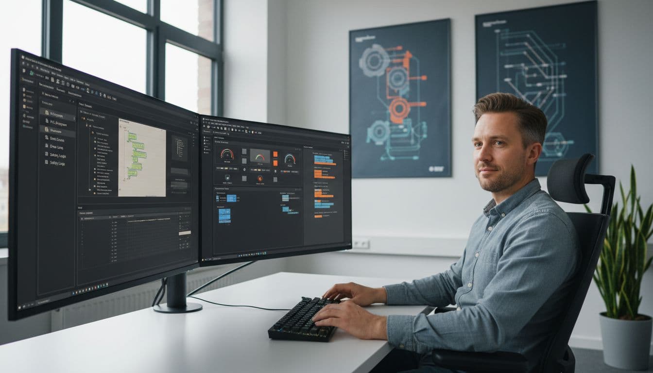 Modern engineering workstation with tools for PLC programming, HMI design, drive configuration, and safety logic open in one software environment on dual monitors, featuring one seated engineer in an office.