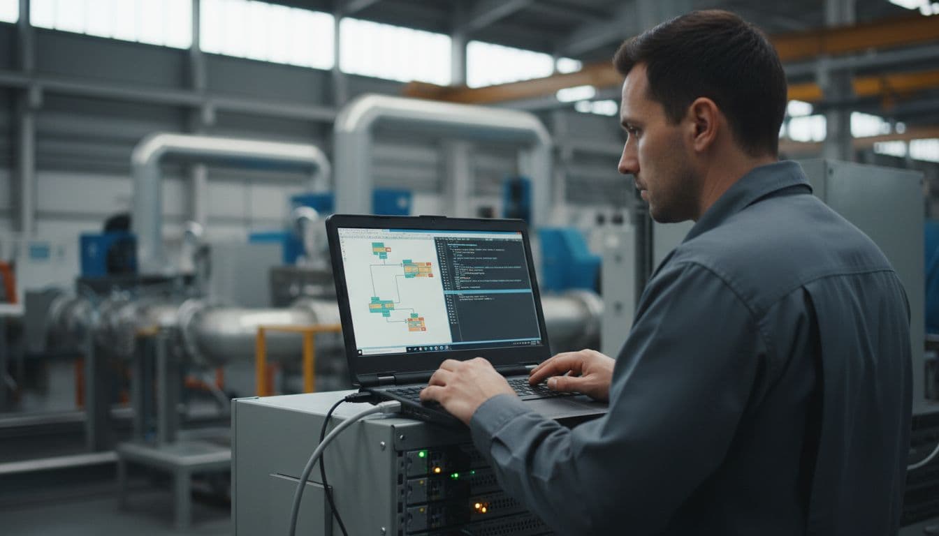 Engineer making online edits to a running PLC system via laptop connected to hardware rack in plant environment, split view of diagnostics panel and code editor.