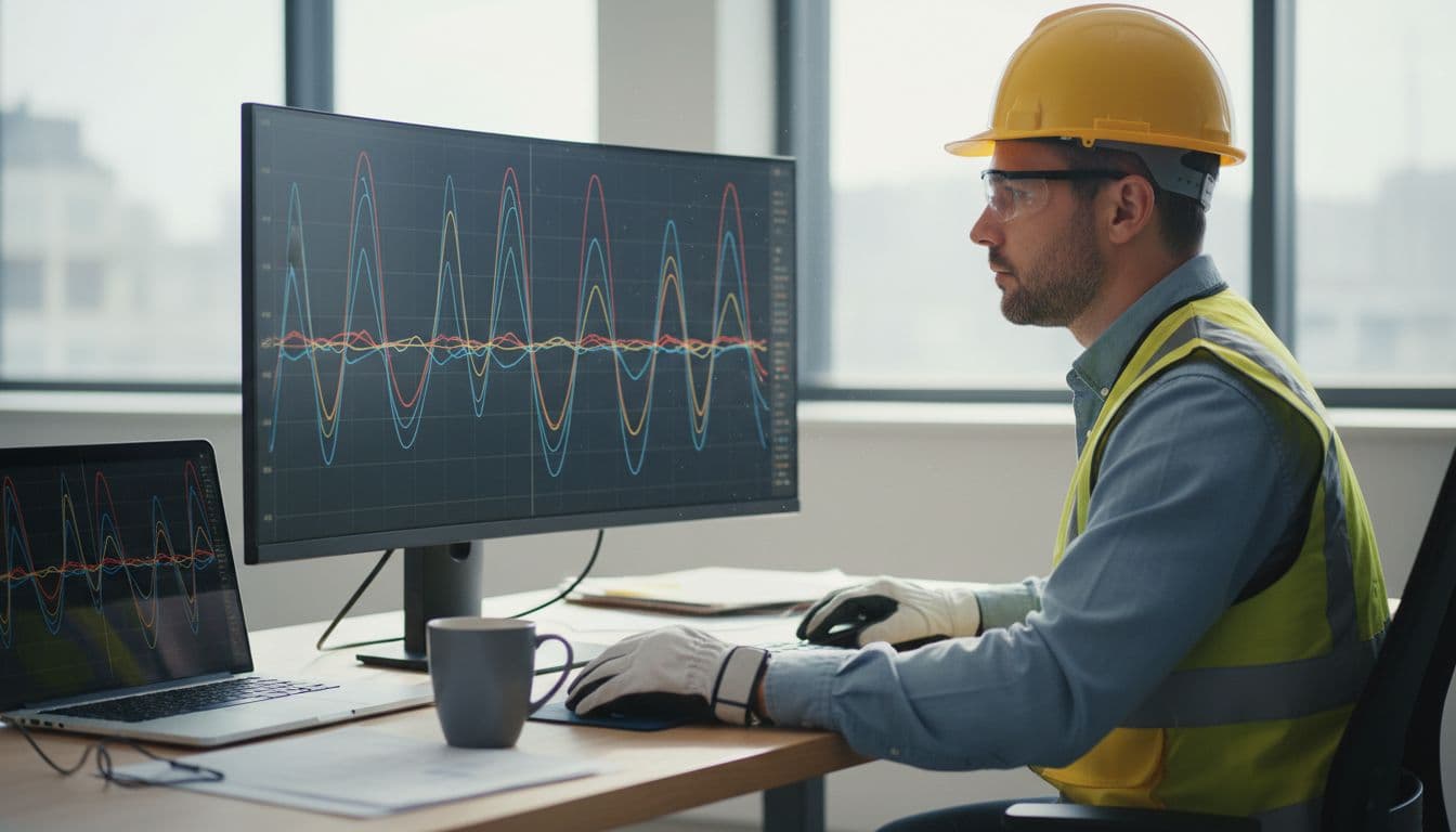 An engineer wearing safety gear reviews time-current curve charts on a computer screen at an office desk, with a laptop displaying abstract curve graphs and a coffee mug nearby, in a photorealistic workspace lit by natural daylight.