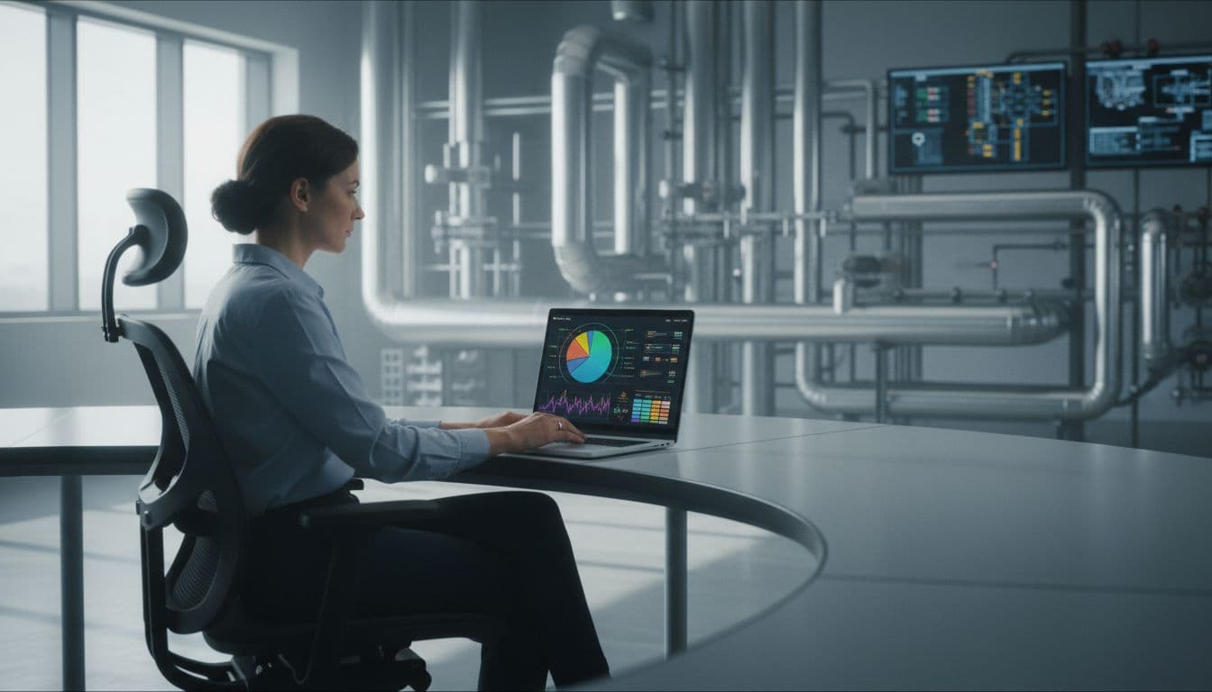 Industrial engineer types on laptop showing colorful energy charts at desk in modern control room with factory pipes.