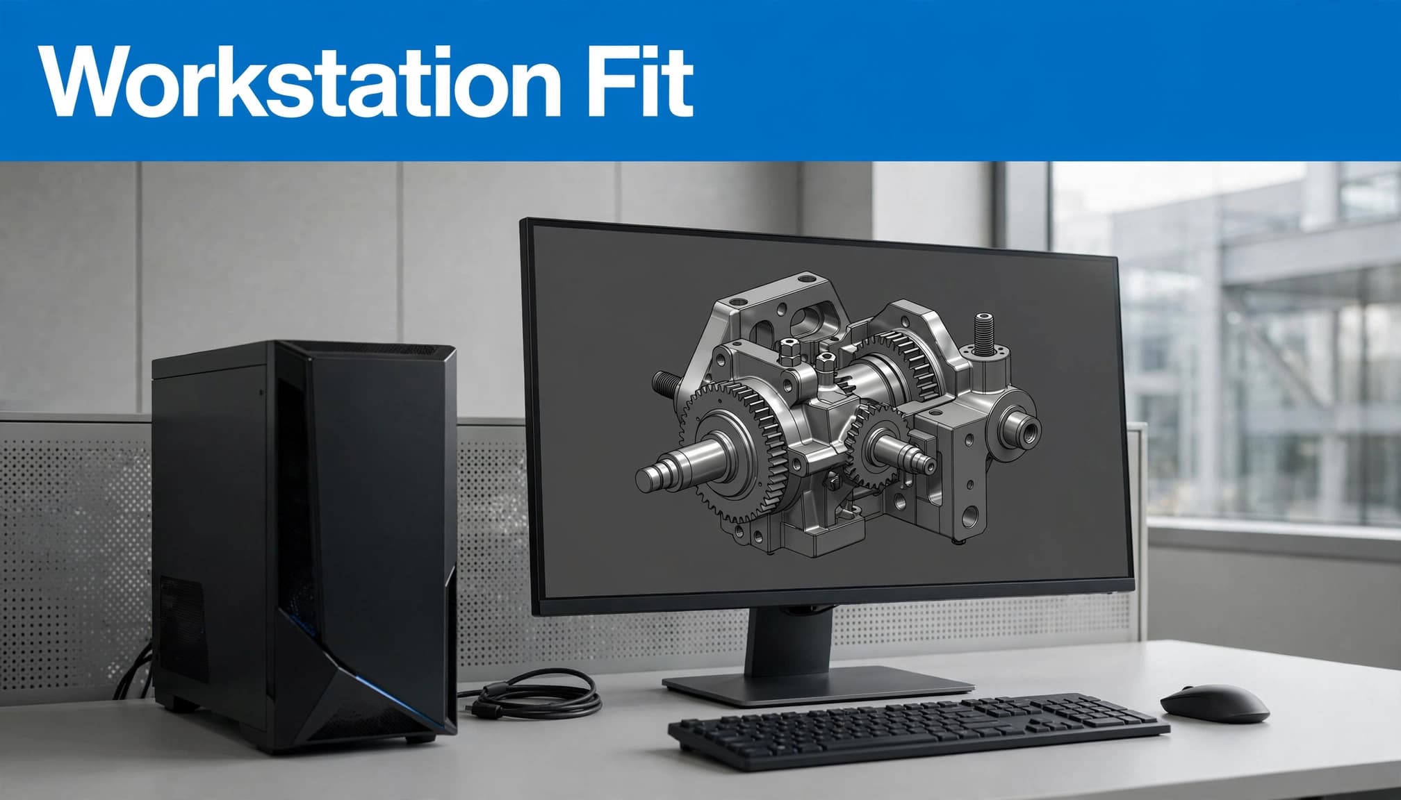 A monitor showing a mechanical assembly sits beside a workstation tower.