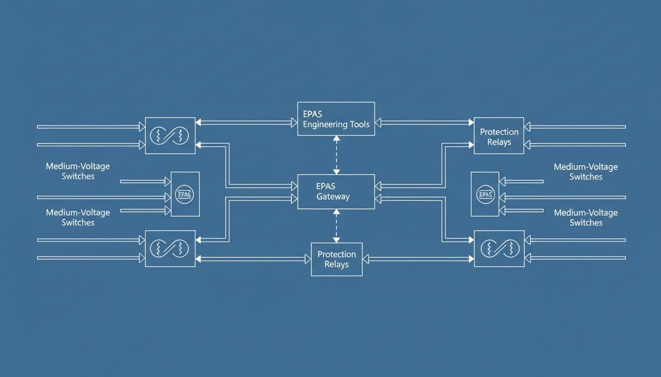 Blueprint-style schematic of medium-voltage substation with EPAS gateway and tools connected to switches, transformers, and relays.