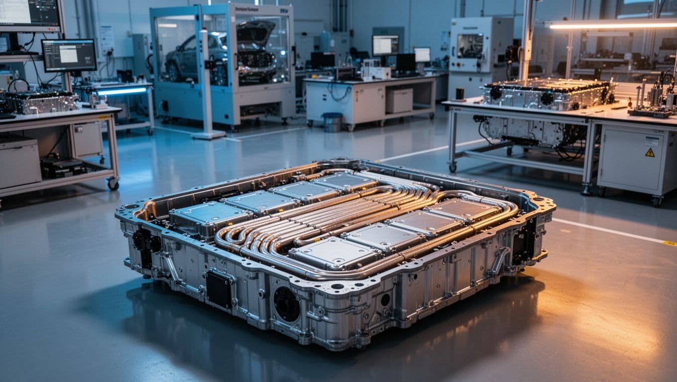 Opened EV battery pack showing cell modules and cooling channels in a modern laboratory.