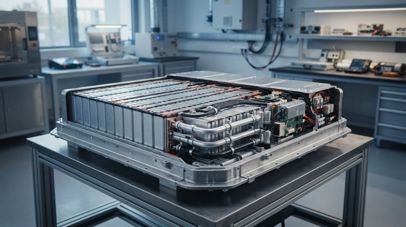Cutaway EV battery pack showing prismatic cells and cooling pipes.