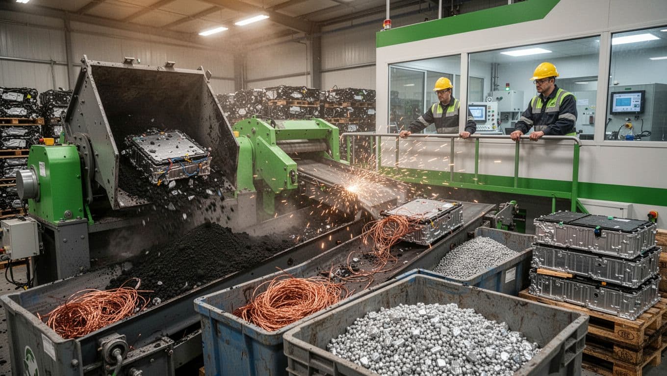 Inside an advanced EV battery recycling plant, large shredders break down lithium-ion batteries into black powder as conveyor belts separate copper, nickel, cobalt, and lithium into bins. Technicians in safety gear observe the eco-friendly process from the control room amid sparks and dust.