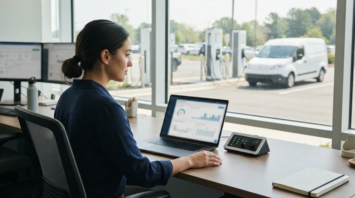 Operator monitoring EV chargers from an office desk beside a laptop.